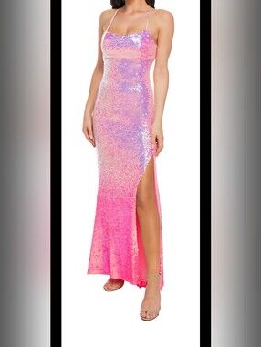 Jump Apparel Pink Sequin Ombre Slit Tie-up Formal Dress Sz 15/16